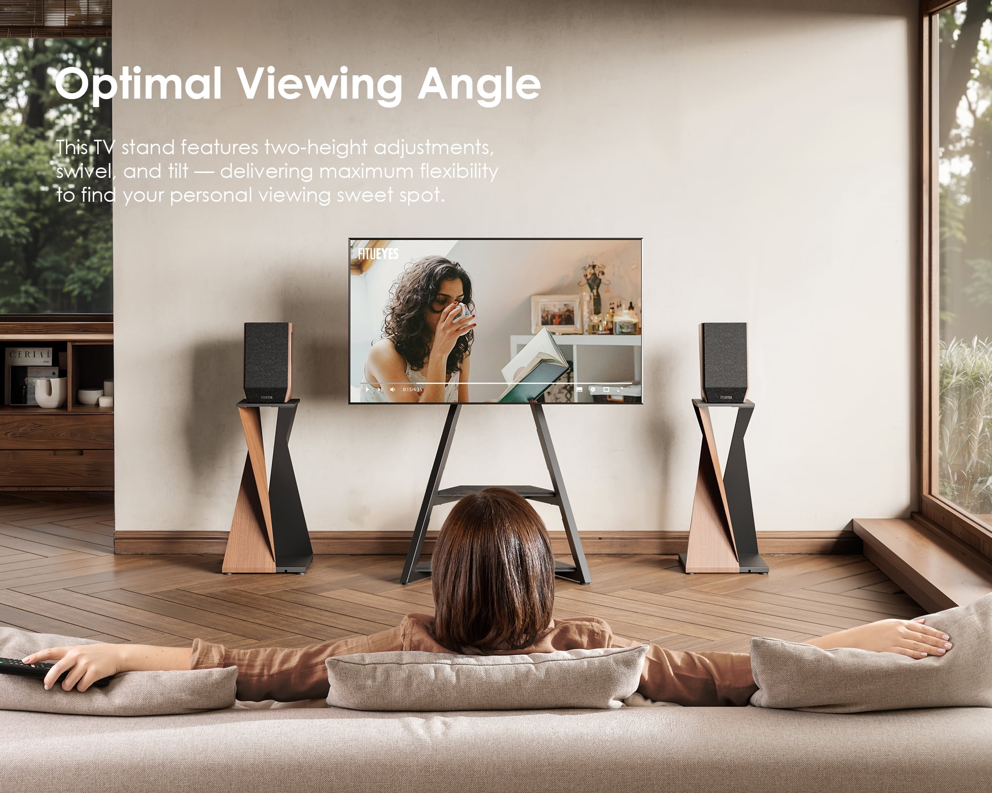 FITUEYES Design Corner TV Stand for 32 43 50 55 65 Inch TV, Rolling TV Stand for Bedroom, Living Room, Study Room and More, Mobile TV Stand with Wooden Storage Shelves, Eiffel Series.