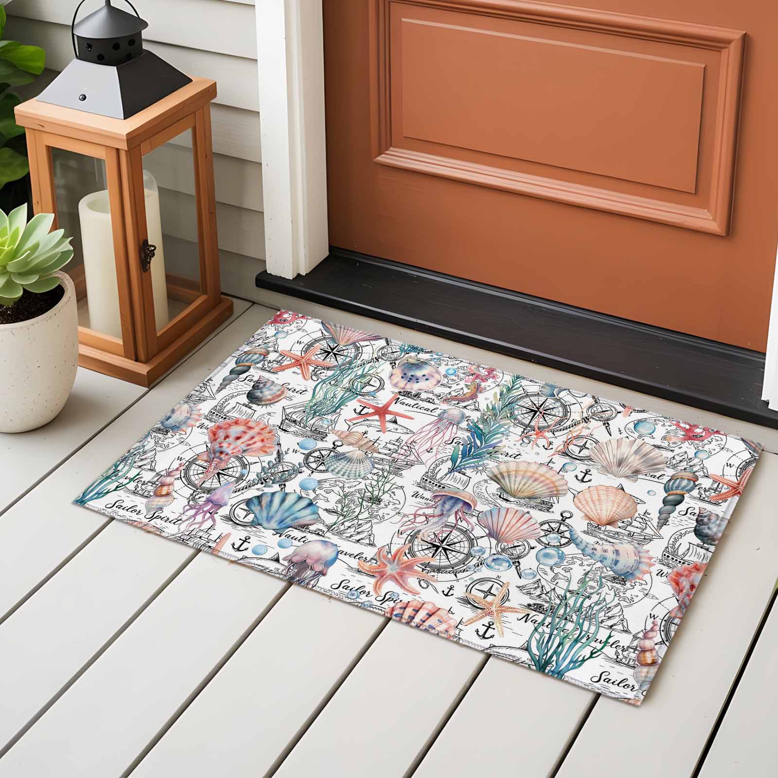 Shell Starfish Coastal Entryway Rug 2'x3'&nbsp; Non Slip Front Door Mats, Nautical Ocean Summer Beach Entrance Rugs Indoor Outdoor Carpet, Washable Floor Mats Small Area Rug for Bedroom Kitchen