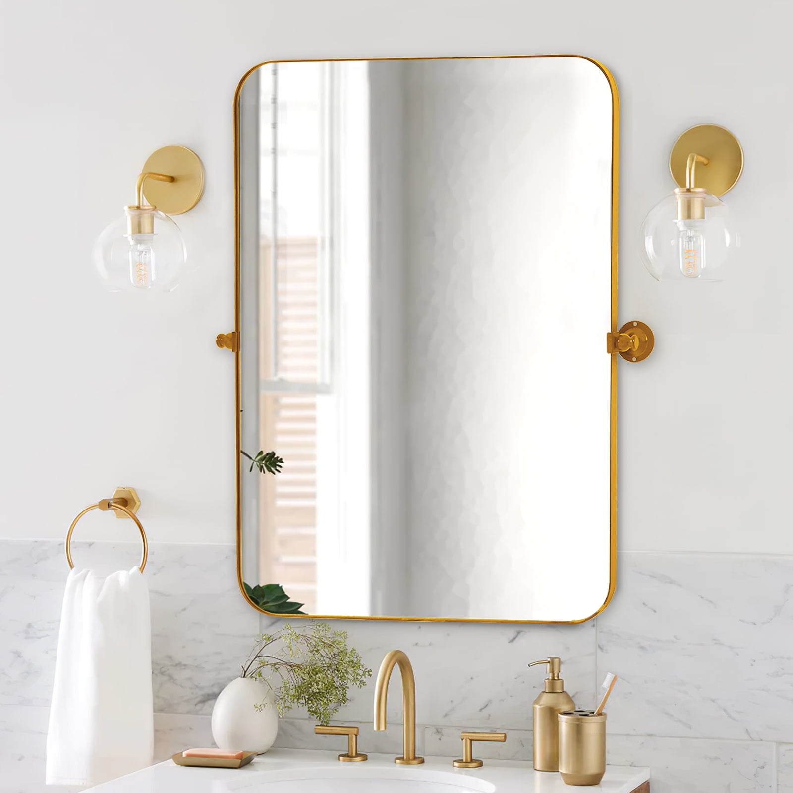 MAYEERTY 32"×24" Gold Iron Rectangular Wall Mirror Rounded Corners, Hardware, Double-Sided for Home Decor