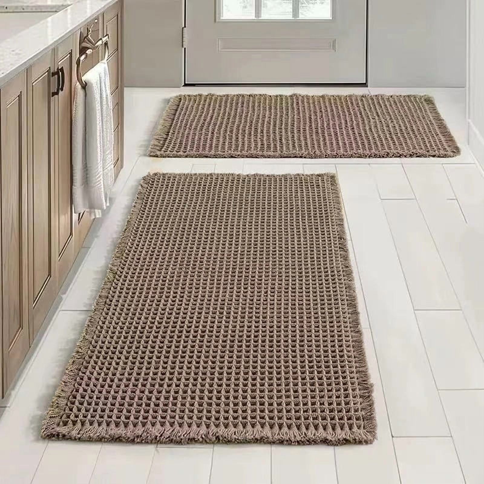 Rubber Backed Mat: Upgraded Waffle Bath Mat ， Non-Slip Washable Pet Rug & Bathroom Rugs with Tassels, Machine Washable Indoor Mat, Ultra Soft, 24"x36" Brown