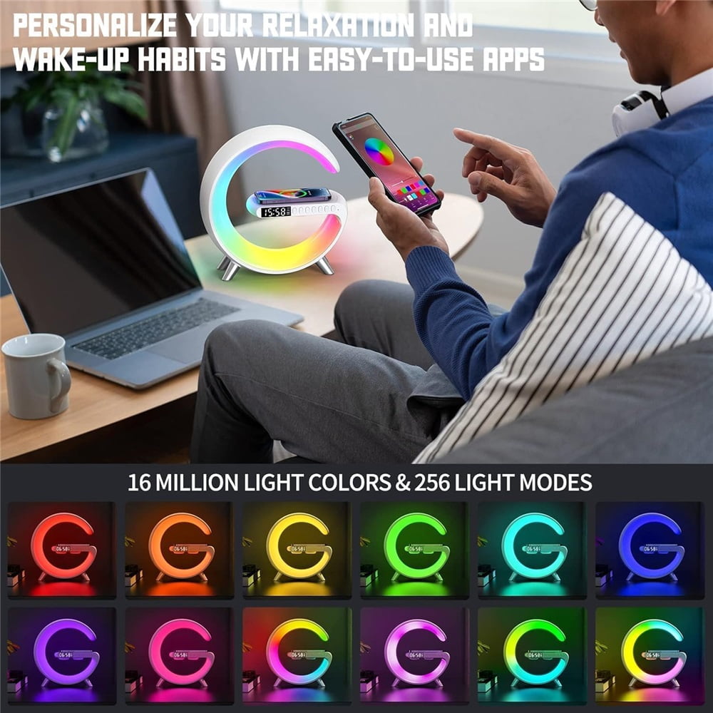 Smart LED Desk Lamp, 4-in-1 Wireless Charger, Night Light, Alarm Clock and Bluetooth Speaker with App Control for Bedroom, Office and Home Decoration,White