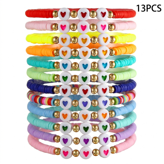 Hugrose 13Pcs Boho Clay Beaded Bracelets, Multicolor Elastic Heishi Bracelet Stack with Heart Beads, Stylish Hippie Jewelry Accessories for Daily Wear & Gifting