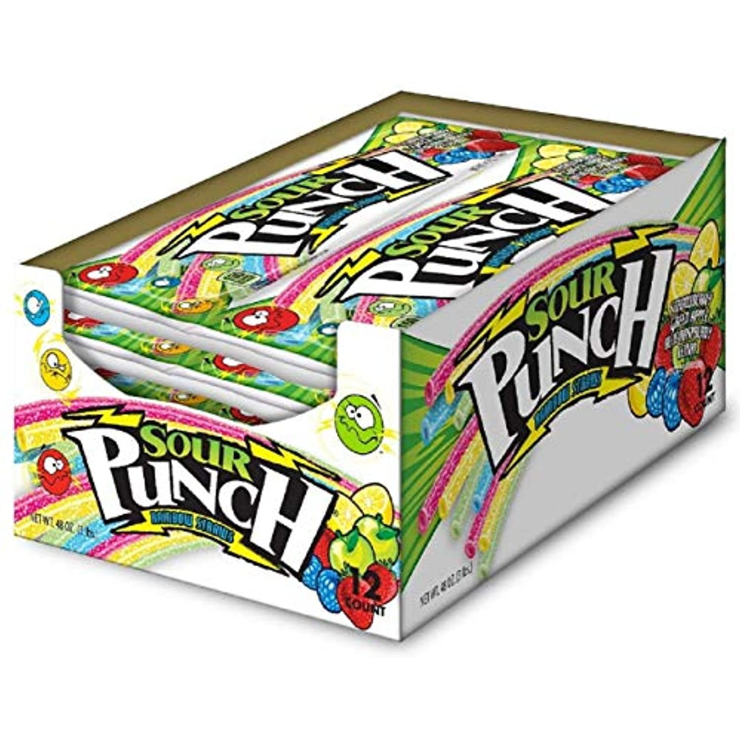 Sour Punch Straws, Rainbow Flavors, 4.5Oz Tray (Pack Of 12), Lemon