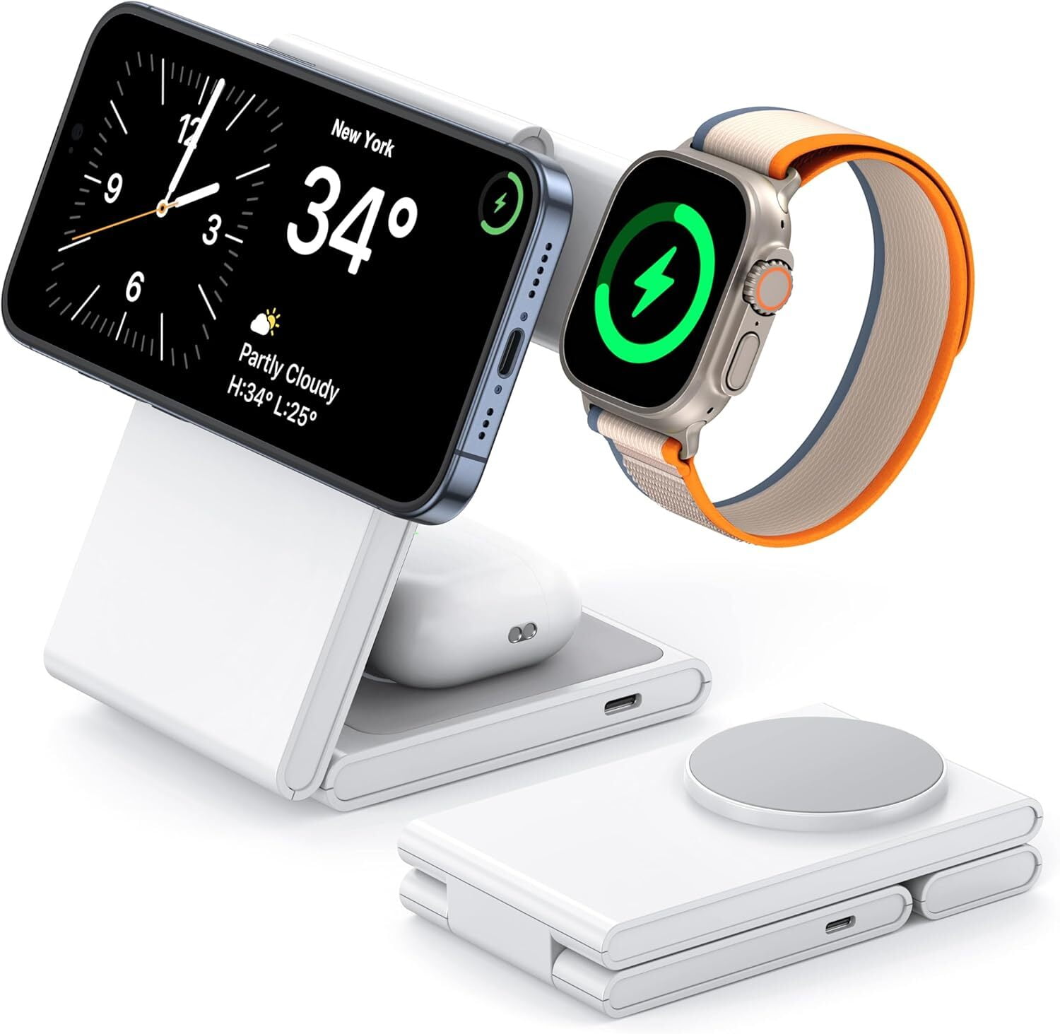 FungLam 3-IN-1 Fast Wireless Charger Station Foldable For Apple Watch & iPhone 17 16 15 14 13 12 11 X Pro Max - Fast Charging Dock Compatible for Apple Watch & AirPods 4 3 Pro White