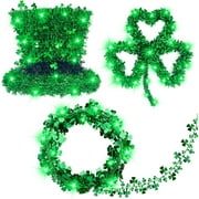 St.Patrick's Day Decorations Prelit 3Pack Tinsel Shamrocks St.Patrick's Day Wreath St.Patricks String Lights 20 Led Battery Operated Leprechaun Hat Wire Garland St.Patrick Decor Indoor Home Outdoor