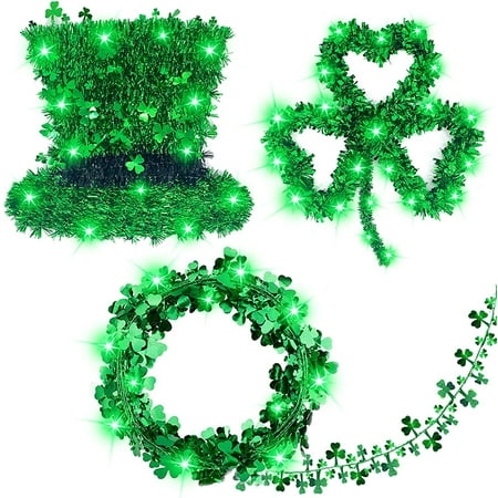 St.Patrick's Day Decorations Prelit 3Pack Tinsel Shamrocks St.Patrick's Day Wreath St.Patricks String Lights 20 Led Battery Operated Leprechaun Hat Wire Garland St.Patrick Decor Indoor Home Outdoor