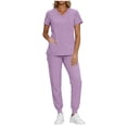 thumbnail image 2 of Cagogo Women's 2 Piece Short Sleeve V Neck Tops with Pocket Nurses Uniform Sets Casual Loose Tee and Pants Lounge Set Solid Summer Scrubs Outfit, Purple L, 2 of 9