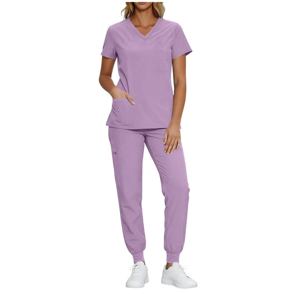 SuTry Women's 2 Piece Scrubs Set V Neck Short Sleeve Top Jogger Pants Drawstring Waist Medical Workwear Uniform with Pockets