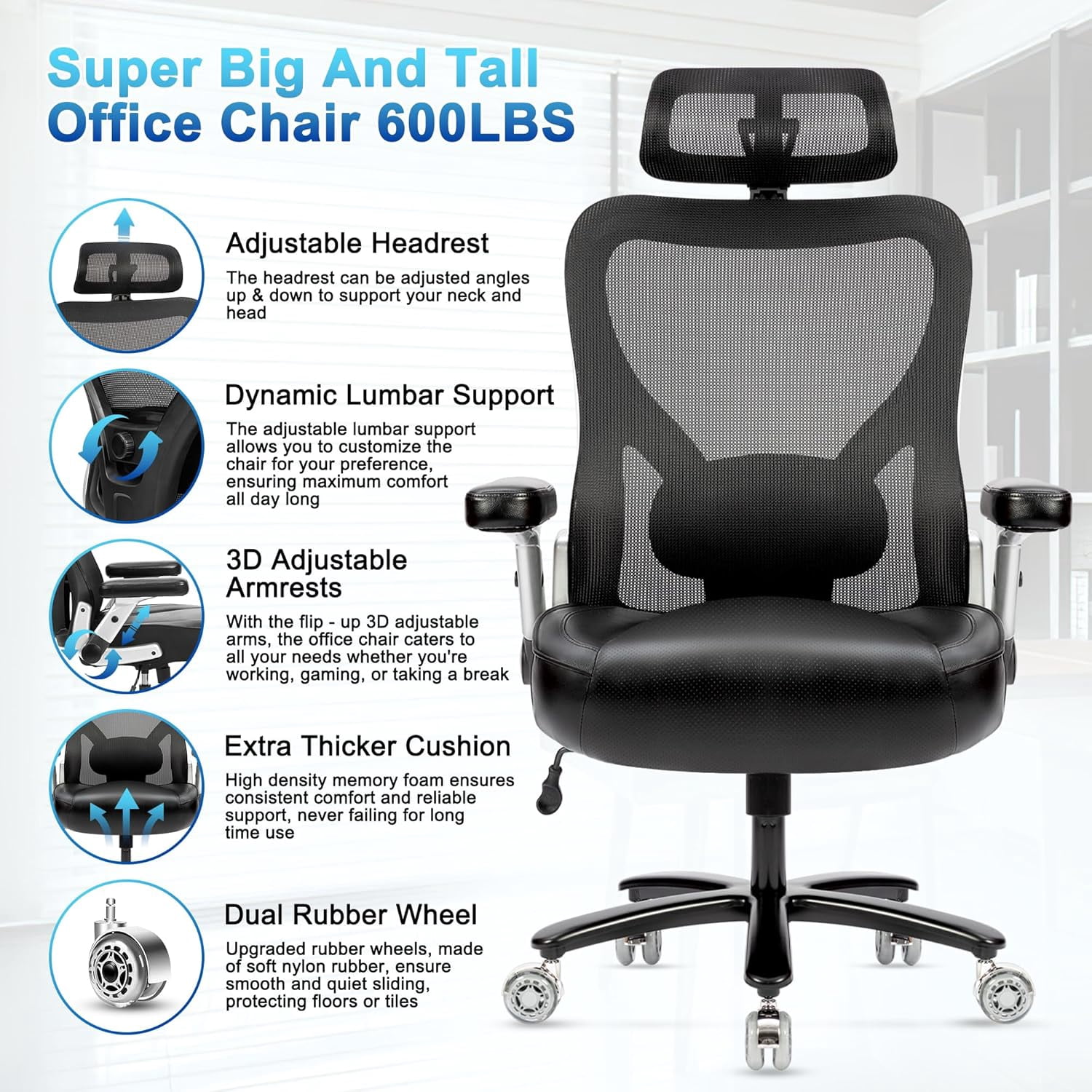 Super Big and Tall Office Chair 700lbs- Heavy Duty Executive Computer Chair with Rubber Wheels 3D Flip Arms, Ergonomic Mesh High Back Desk Chair, Extra Wide Seat Adjustable Lumbar Support&Headrest