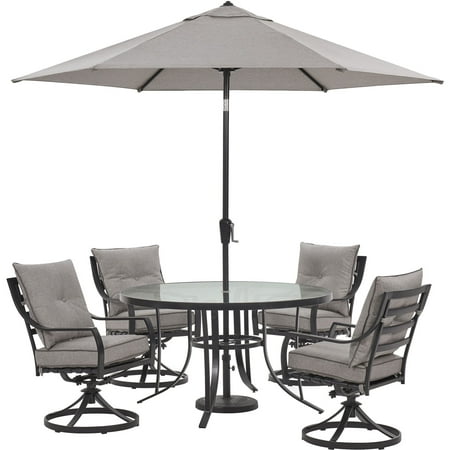 Hanover Lavallette 5-Piece Modern Outdoor Dining Set with Umbrella | 4 UV Protected Cushioned Swivel Rocker Chairs | 52 Round Glass-Top Table | Weather Resistant | Ocean Blue | LAVDN5PCSWRD-BLU-SU