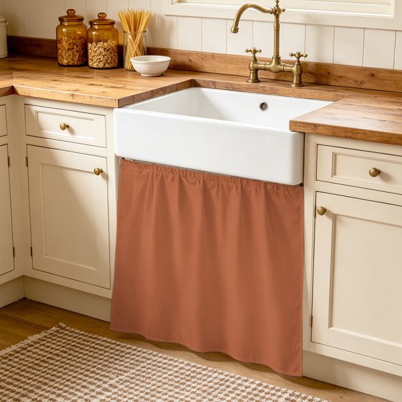 Burnt Orange Cabinet Curtains 35"W x 35"L, Minimalist Modern Solid Color Orange Sink Skirt for Bathroom Vanity Kitchen Self Adhesive, Dust-Proof Privacy Curtain for Shelves Closet Laundry Room Pantry