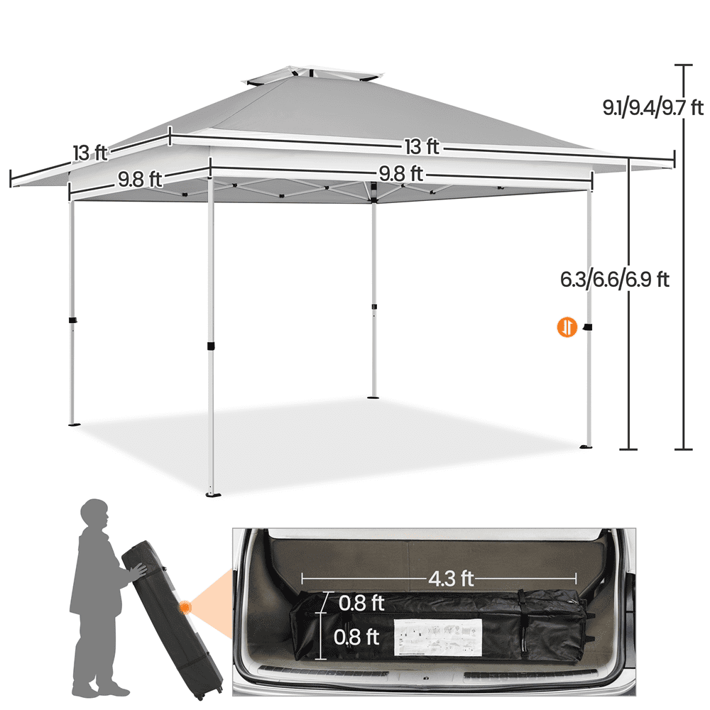 Alden Design 13 ft Pop-Up Adjustable Canopy W/ Overhang Rolling Storage Bag for Outdoor, Light Gray/White