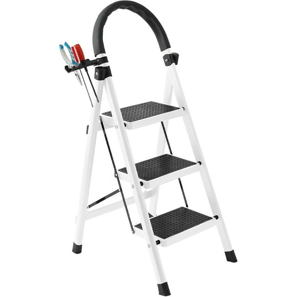 Step Ladder 3 Step Folding, 330lbs Load Capacity 3 Step Ladder with Handrails, Step Stools for Adults with Anti-Slip Pedal, Lightweight Portable Step Stool Foldable for Household, White