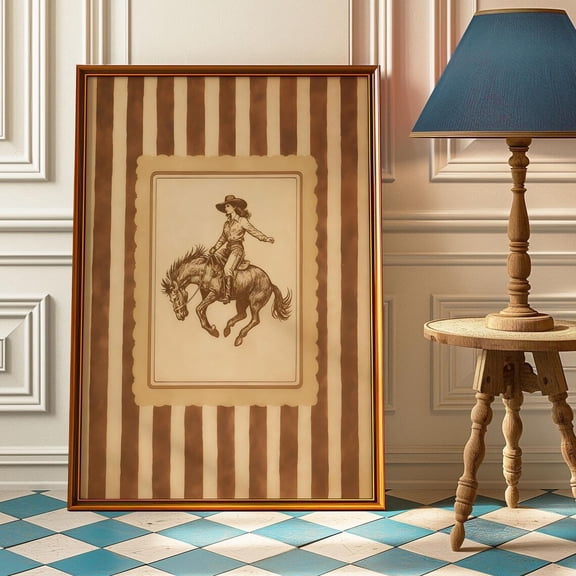 Vintage Western Cowgirl, Rustic Rodeo Wall Art With Stripes, Bronco Rider For Farmhouse Or Man Cave Decor, Cowgirl Idea Home Decor #2181, Unframed Poster Size 8x12