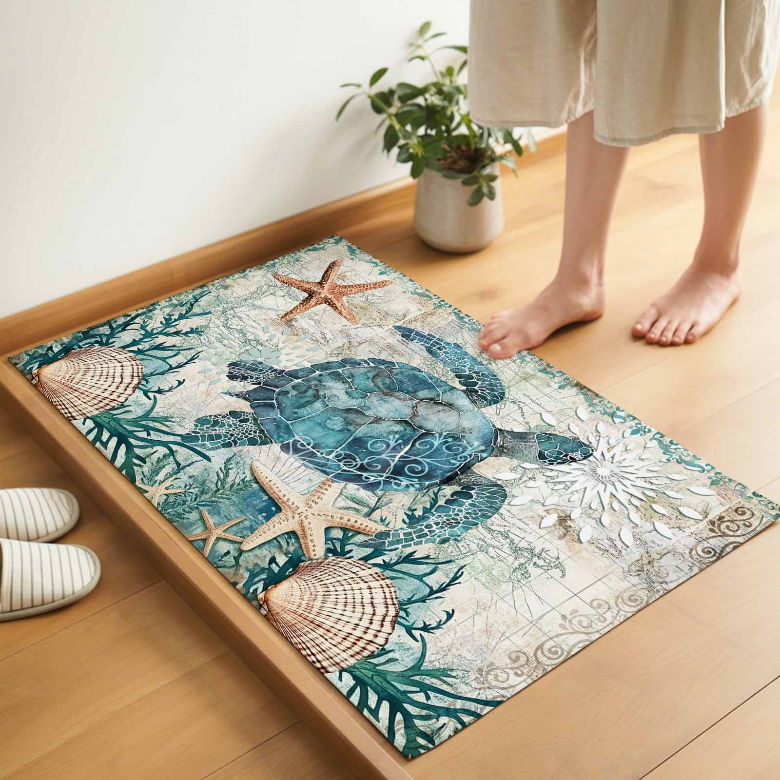 Teal Sea Turtle Indoor Door Mat - 16"x24", Non-Slip Welcome Mat for Outdoor, Coastal Coral Ocean Nautical Vintage Front Doormat for Entry, Low-Profile Doormat Entrance Rug for Kitchen/Bathroom