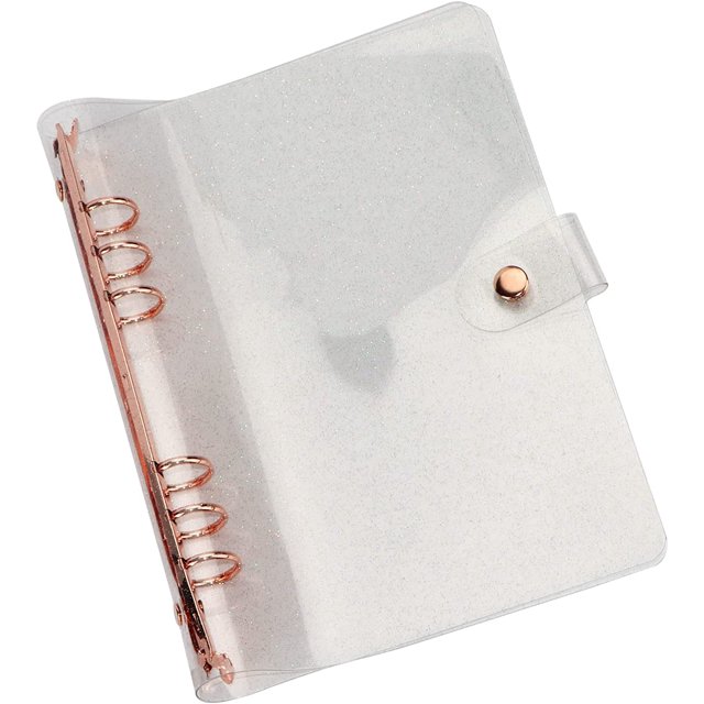 A5 6-Rings Binder Rings Journal Soft Clear Cover Transparent Shell Protector for Loose Leaf Spiral Book Planner DIY Scrapbook Notebook (Rose Gold Glitter, A5)