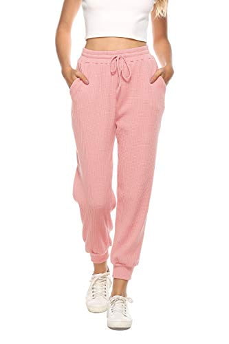 Maintain Vigour Womens High Waisted Pants Waffle Knit Joggers Elastic Waist Drawstring Yoga Sweatpants with Pockets