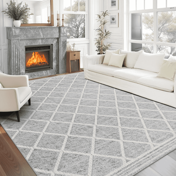 ReaLife Rugs Machine Washable Printed Tessa Modern Distressed Trellis Light Gray Ivory Eco-friendly Recycled Fiber Area Runner Rug (7'6" x 9'6")