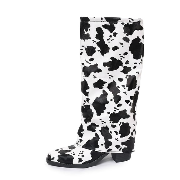 SACFOF Women's Denim Block Heel Fold Over Knee Boots Fashion Pull On low chunky heel Casual Long Boots Y2K Cowgirl Wide-Calf Boots