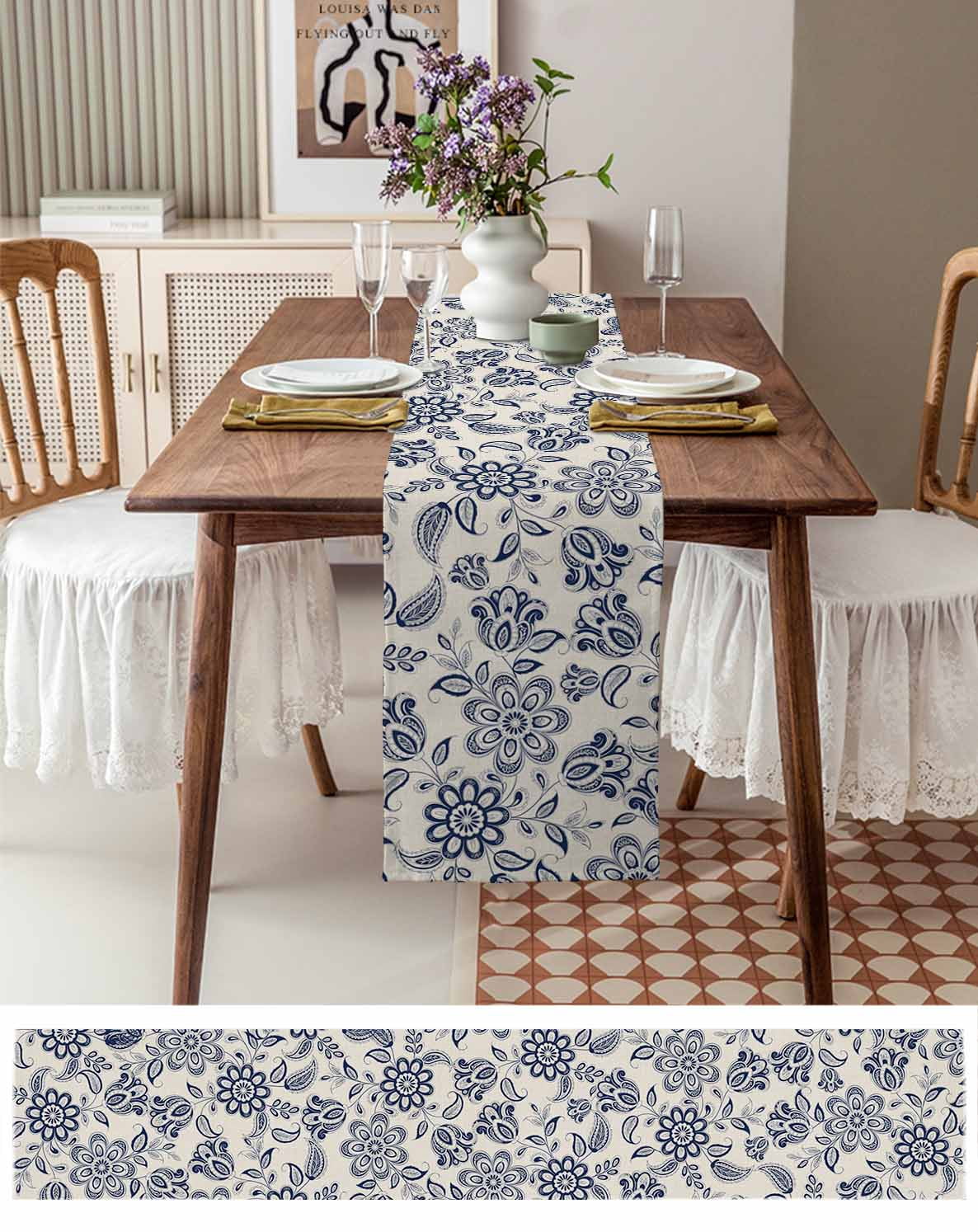 nqOlkjepod Navy Blue Flowers Table Runner 48 Inches Long Farmhouse Dress Scarves, Retro Ethnic Floral Pastoral Art Dining Tablerunner for Coffee Table/Kitchen Island/Party Décor, 13" x 48"