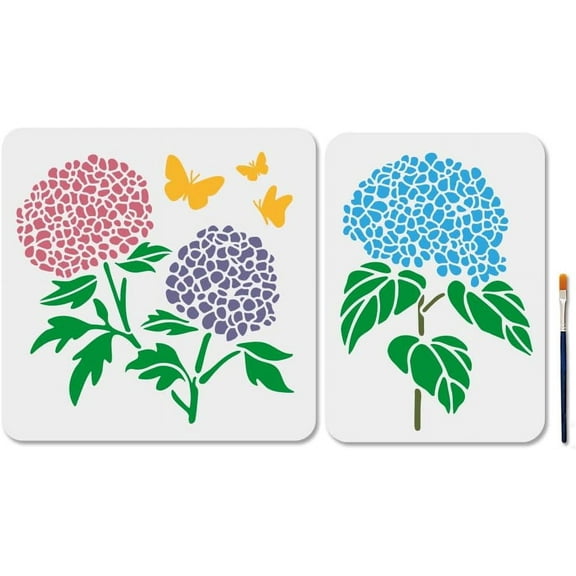 2 Styles Hydrangea Stencils Flower Templates 11.7x8.3/11.8x11.8inch Leaves Reusable Plastic Stencil with Paint Brush Butterfly Pattern Template for Wall Window DIY Craft