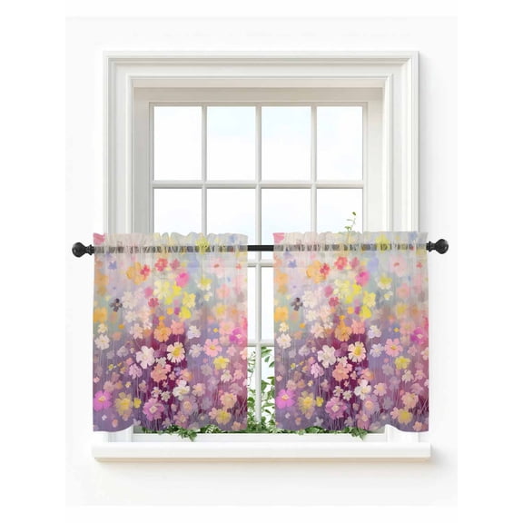 Spring Floral Tier Curtains 36 Inch Length,Sheer Curtains for Bedroom Living Room Window Modern Oil Painted Daisy Botanical Elegant Voile Drapes Kitchen Curtains Small Half Window 27.5"x36" 2 Panels