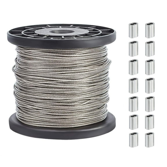 1 Set 304 Stainless Steel Wire Cable 328 Ft Length 1/16 Wire Rope with 20 Psc Stainless Steel Thimble and 50 Pcs Aluminum Crimping Sleeves for String Lights Clothesline