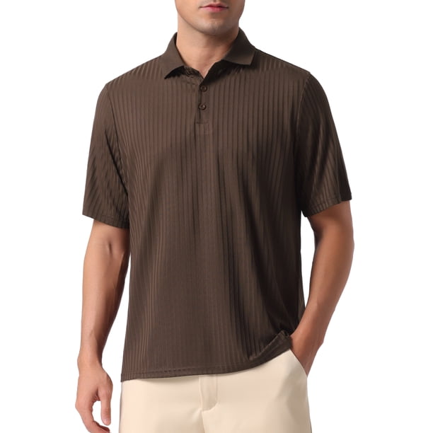 CAMISETAS POLO DE MALLA DE TEXTURA SÓLIDA PARA HOMBRES CHIC DE VERANO, MANGA CORTA, L, COLOR MARRÓN OSCURO