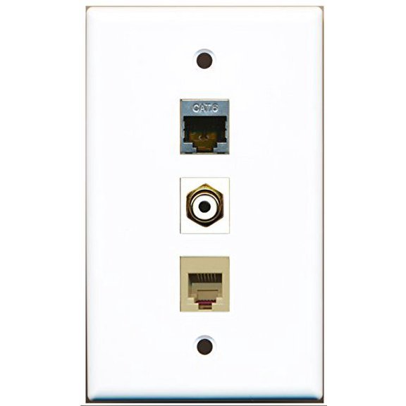 RiteAV - 1 Port RCA White and 1 Port Phone RJ11 RJ12 Beige and 1 Port Shielded Cat6 Ethernet Wall Plate