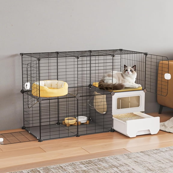Oneluck Cat Cage Indoor with Litter Box 2-Tier DIY Cat Playpen Detachable Metal Wire Kennel Crate Large Exercise Place Ideal for 1-2 Kitten (41.3" L x 17.8" W x 27.6" H)