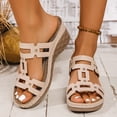 thumbnail image 2 of Orthopedic Sandals for Women Fashionable Cutout T-strap Wedge Slides Open Toe Summer Low Heel Slip on Beach Shoes Beige Size 10.5, 2 of 6