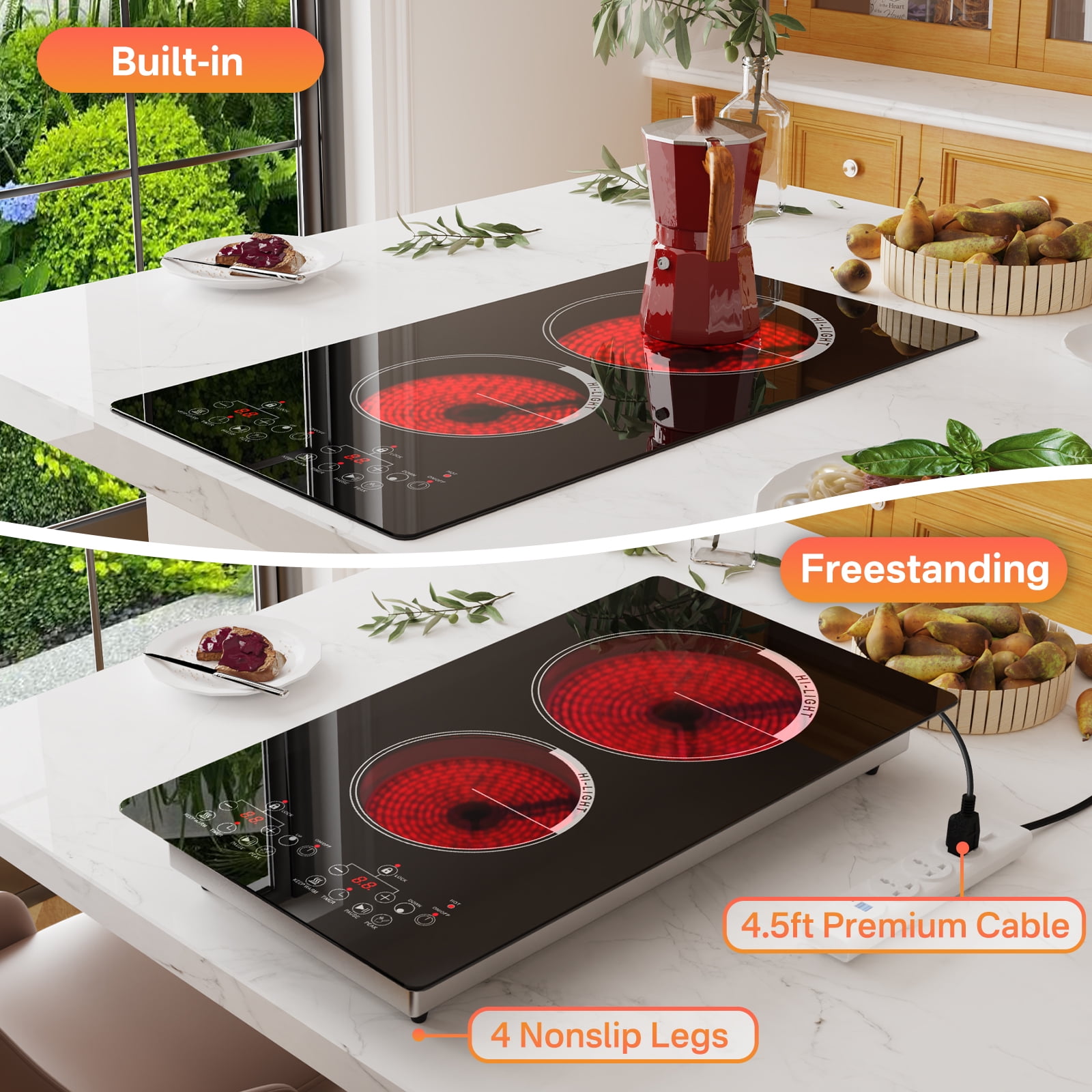 Nardea 12" 2 Burner Electric Cooktop, Built-in Infrared Ceramic Hot Plate with Dual Controls, 120V Plug-in Countertop Cooker, Compact Cooktop Electric for Kitchen & RV