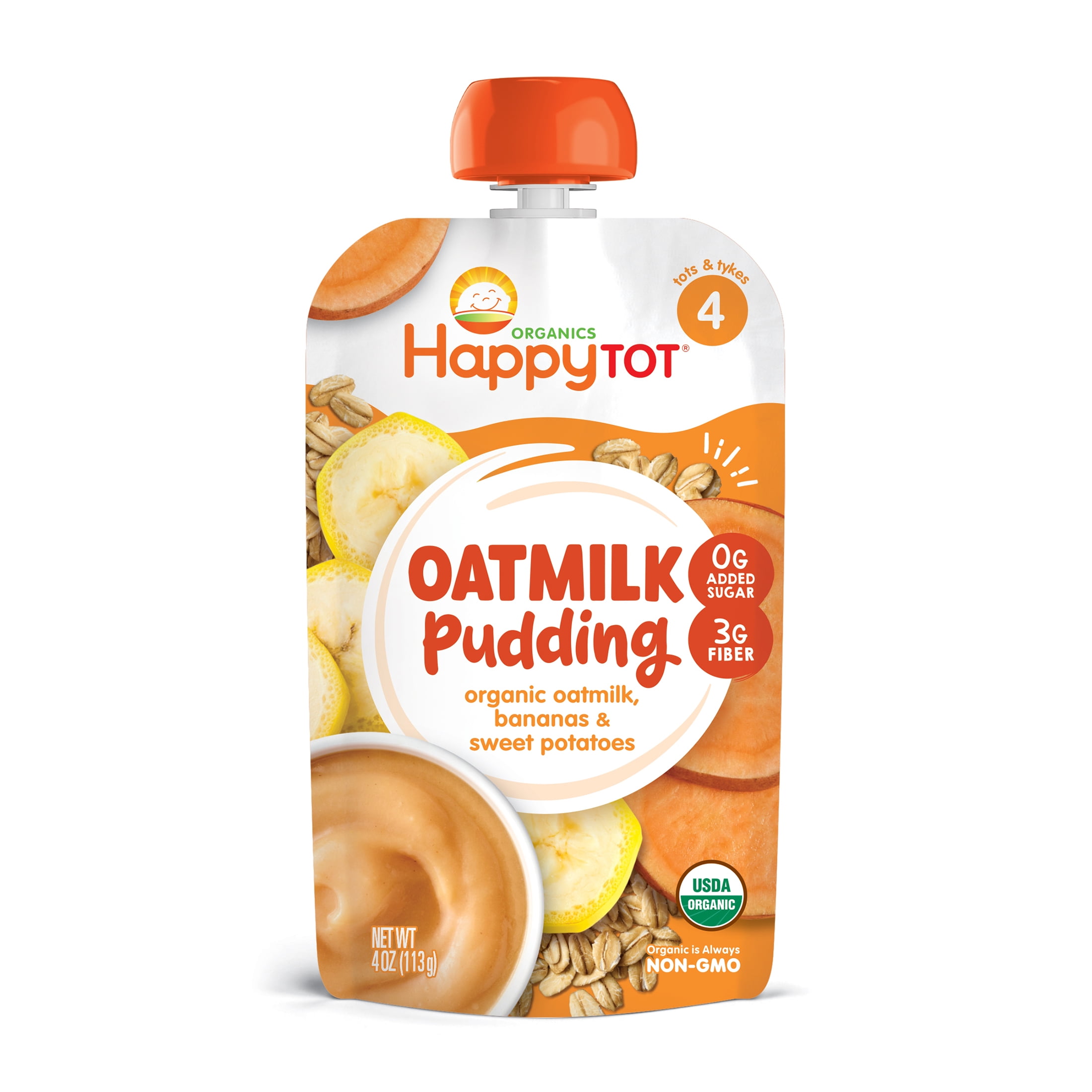 Happy Tot Organics Oatmilk Pudding Stage 4, Organic Oatmilk, Banana & Sweet Potato Tot Food, 4oz Pouch, 8 Pack: