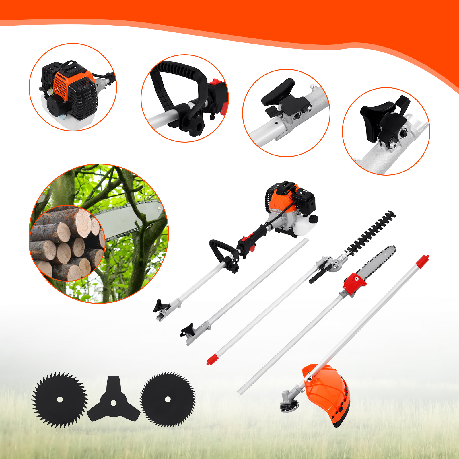 4 in 1 Gas String Trimmer 2 Cycle, 52CC Weed Eater Lawn Edger, Weed Wacker with Brush Cutter and Hedge Trimmer, Multifunction Edger Tools for Garden, Yard, Sidewalks, TE3205 - image 4 of 9