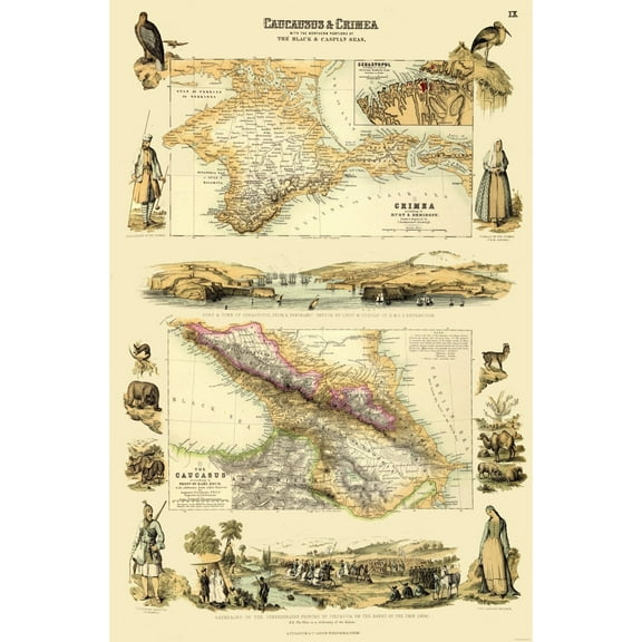 Historic Map - Caucasus Crimea Black Caspian Seas - Edinburgh 1837 - 23 x 34.90 - Vintage Wall Art