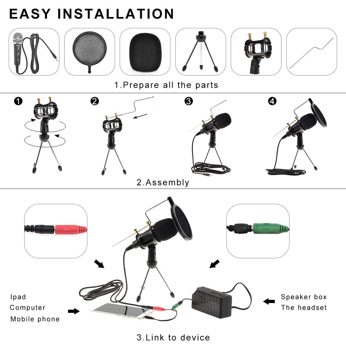 Professional Condenser Microphone Set 3.5mm Cable Plug Play Home Studio microphones, dual-layer acoustic filter, for Iphone Ipad Samsung Android Windows Smartphones