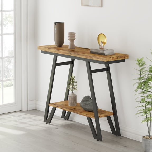 Herrfilk 40.5" Industrial Console Table with Metal Frame, 2-Tier Narrow Entryway Table for Small Spaces, Brown