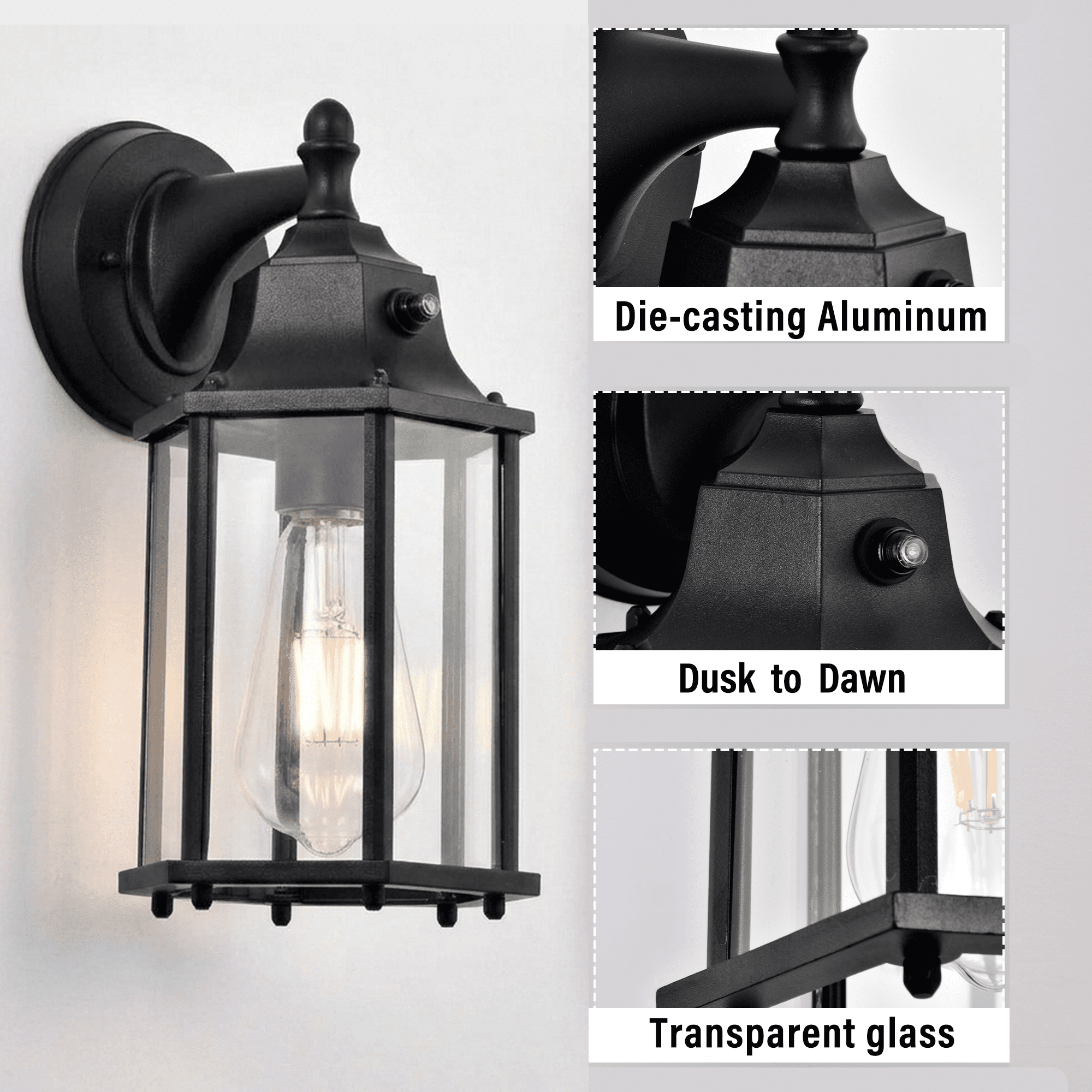 Dusk to Dawn Outdoor Wall Sconce Light Fixture 2 Pack, Waterproof Black Porch Light, Hardwired Exterior Wall Mount Lantern for Garage Entryway Patio