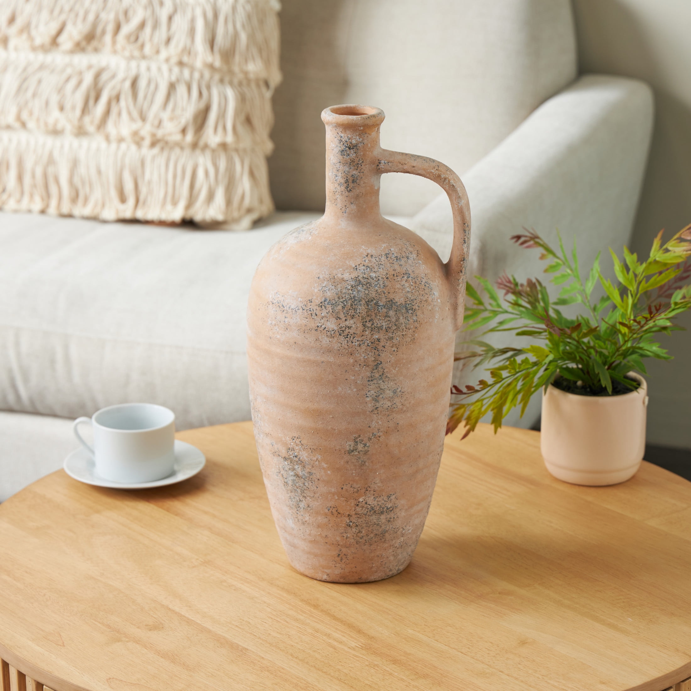 DecMode 18" Antique Style Distressed Beige Ceramic Vase with Handle