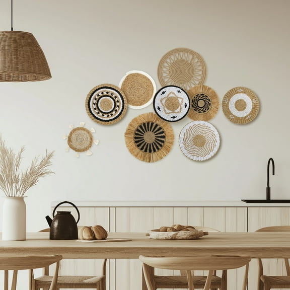 9Pcs Assorted Size Bulrush Boho Wall Basket Decor Handmade Round Woven Wall Decor for Hotel Living Room Bedroom