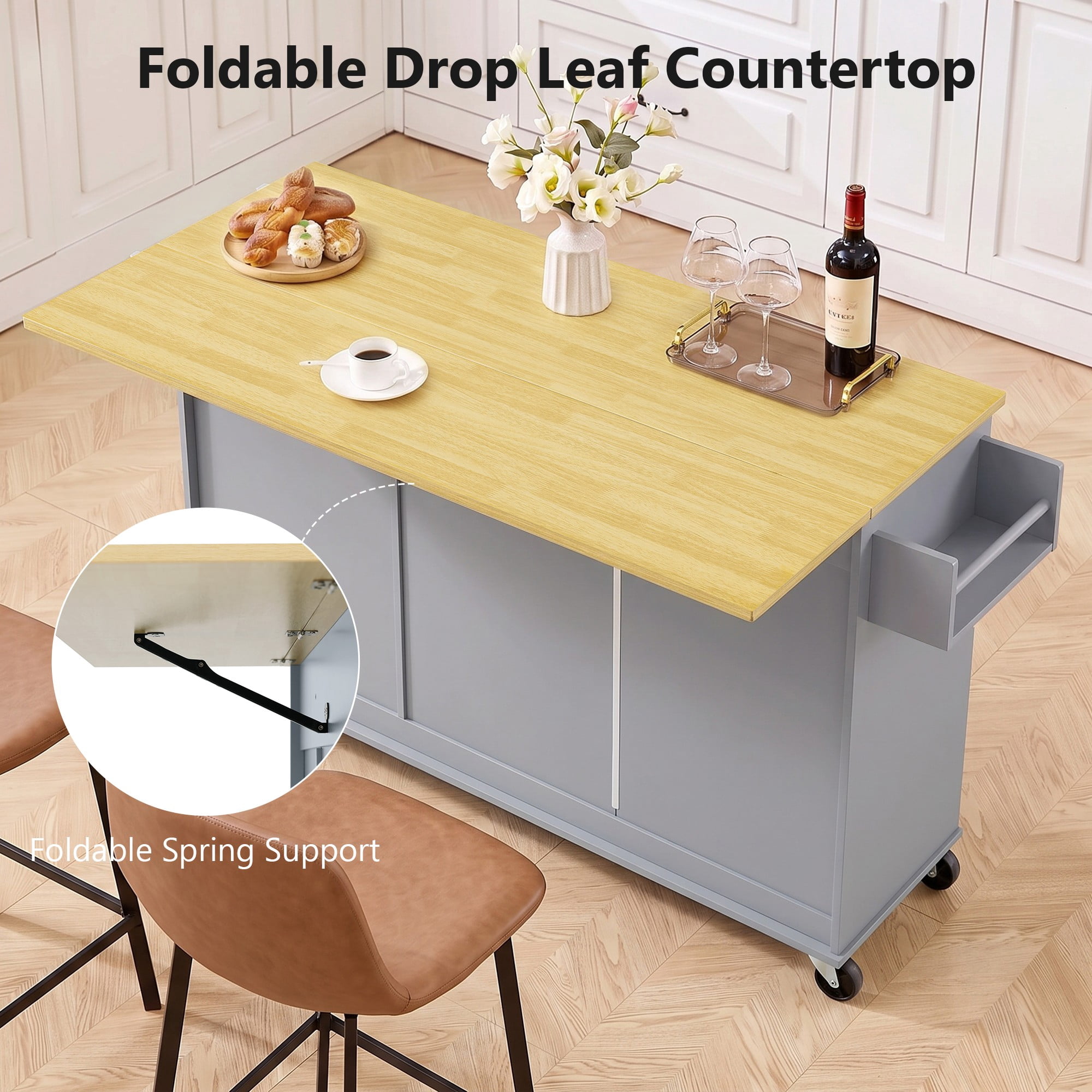 52.7" Kitchen Island with Storage & Drop Leaf, Rolling Kitchen Island Cart on Wheels with 3 Drawers, Adjustable Shelf, Spice & Towel Rack, Island Table for Small Kitchen & Dining Room, Grey Blue