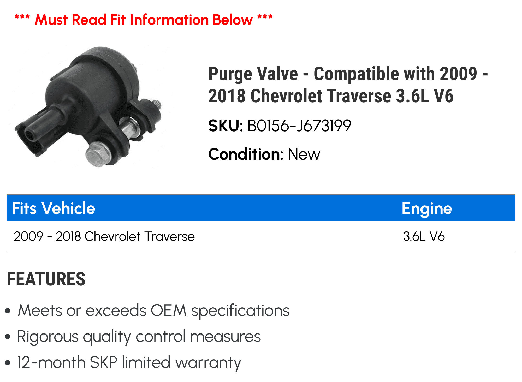 Purge Valve - Compatible with 2009 - 2018 Chevy Traverse 3.6L V6 2010 2011 2012 2013 2014 2015 2016 2017