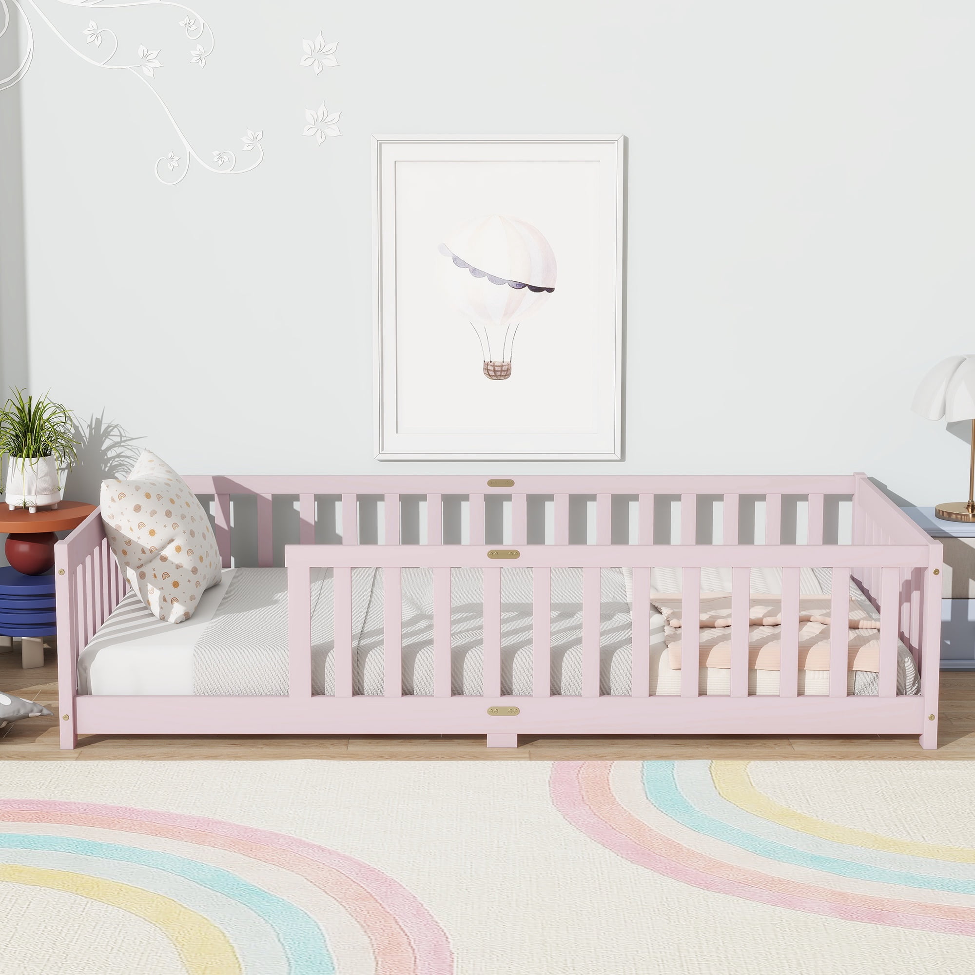 Twin Size Floor Bed with Fence, UHOMEPRO Montessori Floor Bed with Slats and Safety Guardrails, Solid Wood Twin Bed Frame for Bedroom, Pink