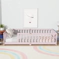 thumbnail image 3 of Twin Size Floor Bed with Fence, UHOMEPRO Montessori Floor Bed with Slats and Safety Guardrails, Solid Wood Twin Bed Frame for Bedroom, Pink, 3 of 13