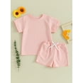 thumbnail image 2 of Toddler Boys Girls Summer Outfits Solid Color Crew Neck Short Sleeve T-Shirts and Elastic Waist Shorts Set, 2 of 8