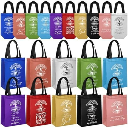 30 Pcs Christian Gift Bag Bulk Religious Gift Bag with Handle Medium Size Bible Verse Baptism Reusable Welcome Non Woven Halloween Treat Handbag for Church Bible Study Group(Colorful)