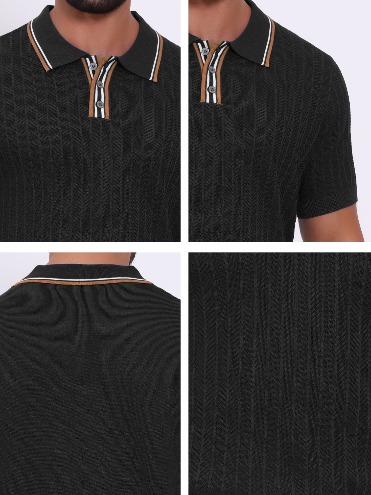 DARING DIVA Men's Knitted Ribbed Hem Short Sleeve Textured Golf Shirts XL Black