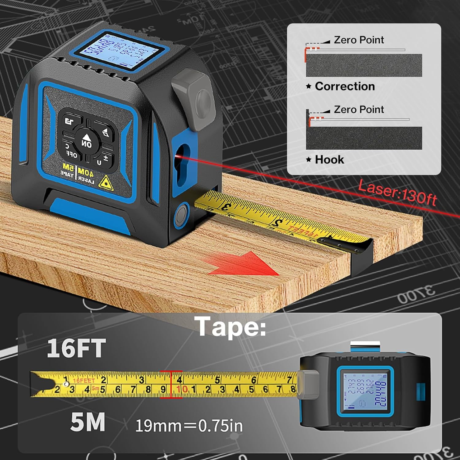 Laser Rangefinder, 2-in-1 Laser Tape Measure, 130Ft/40m Laser Measurement Tool, 16Ft/5m Measuring Tape, Digital Laser Tape Measure, LCD Display, Self-Locking Tape, Belt Clip