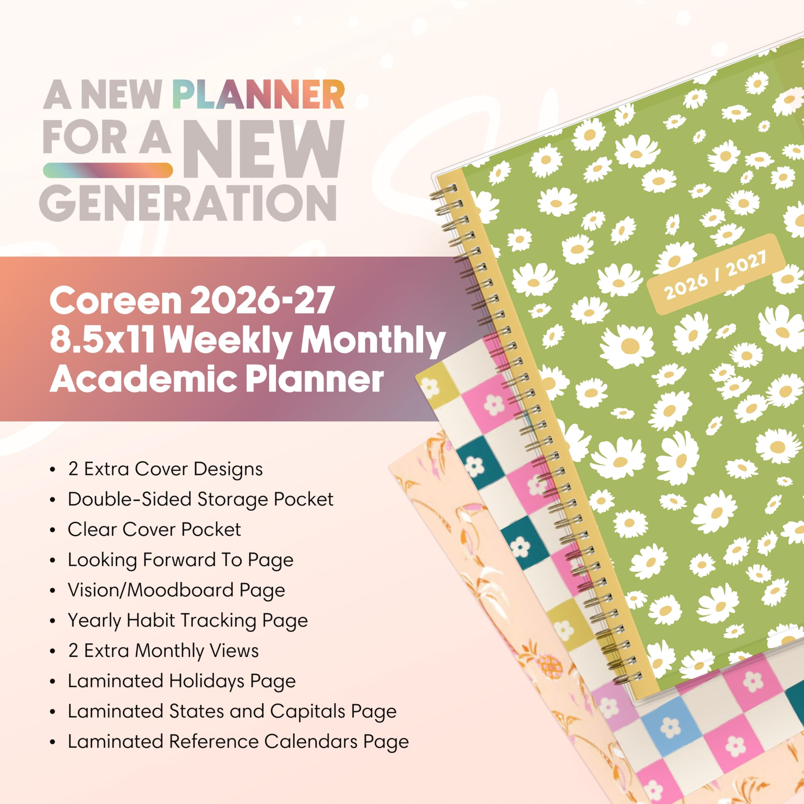 Blue Sky Gen Z 2026-2027 Weekly and Monthly Academic Year Planner Calendar, July 2026 - June 2027, 8.5" x 11", Flexible Interchangeable Cover, Wirebound, Laminated Tabs, Storage Pocket, Coreen