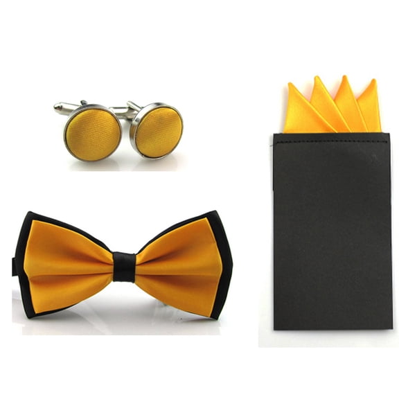 Men Double Color Bowtie Pre-folded 4 Folds Hanky Pocket Square Cufflinks Set